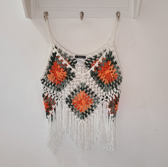 VIVID White Orange & Green Diamond Print Crochet High-Lo Fringe Tank Top Jr L - Picture 2 of 10